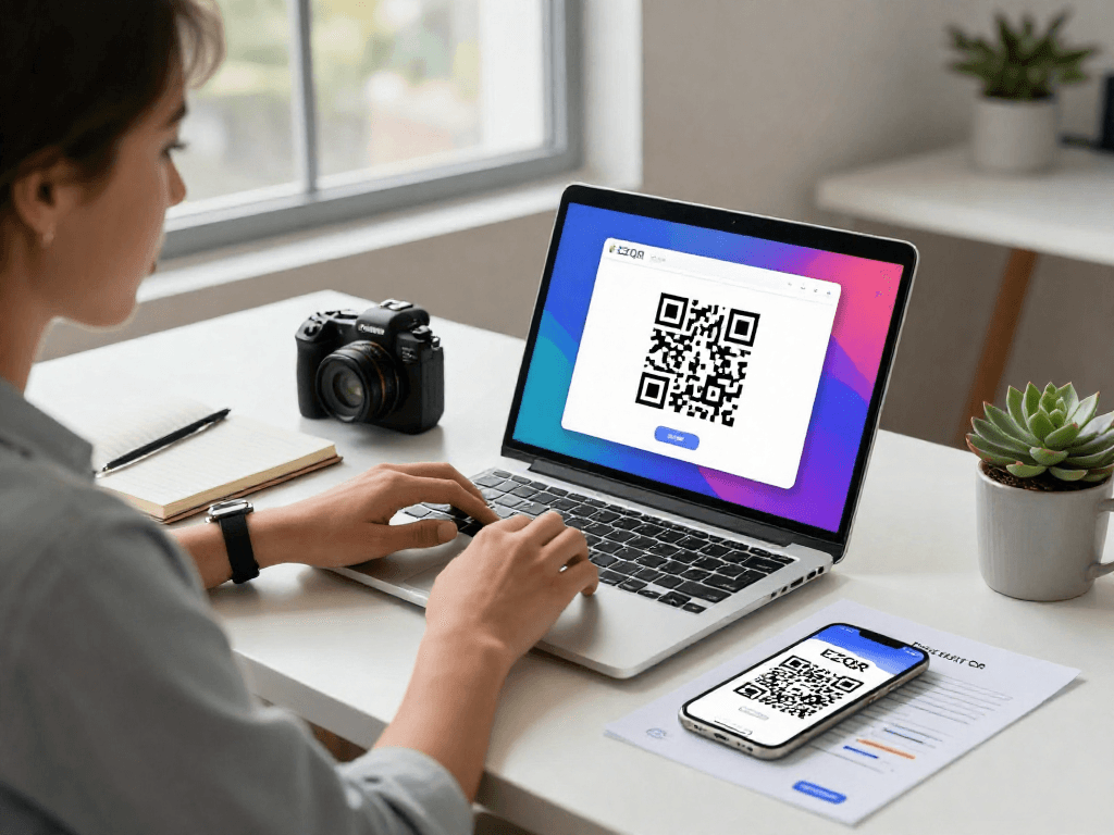Create QR Code in an innovative digital workspace, showcasing a young professional using EZQR on a laptop amidst a bright, inviting office.