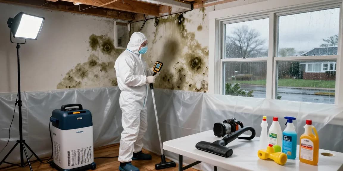 Mold Remediation Vancouver technician inspecting damp basement for mold with protective gear and HEPA equipment.