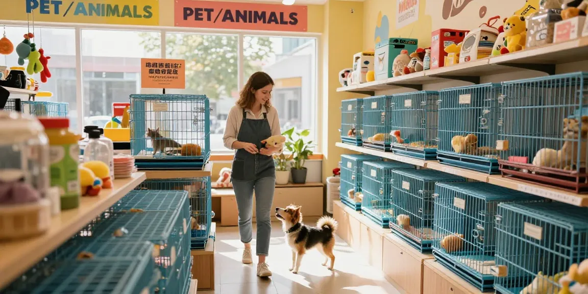 Pet store animal cages in a vibrant setting with friendly customer interactions.