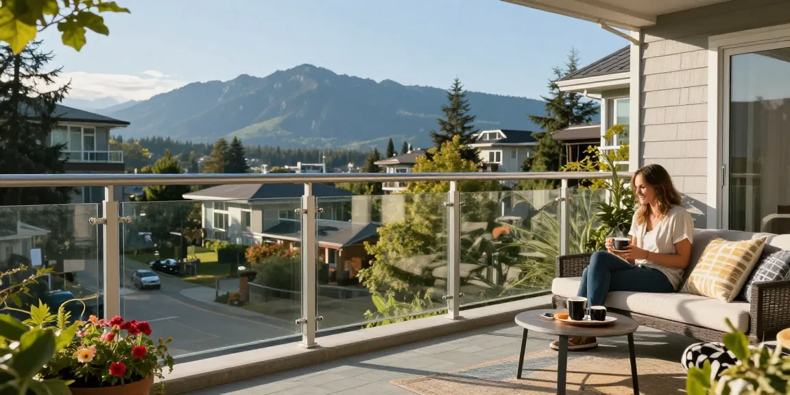 Custom railing north vancouver featured on modern balcony with couple enjoying scenic views.
