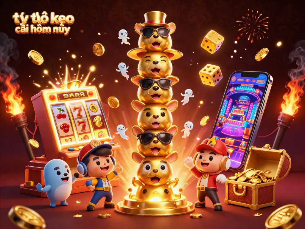 Tỷ lệ kèo nhà cái hôm nay highlighted in a vibrant 3D digital illustration showcasing casino elements and dynamic characters.