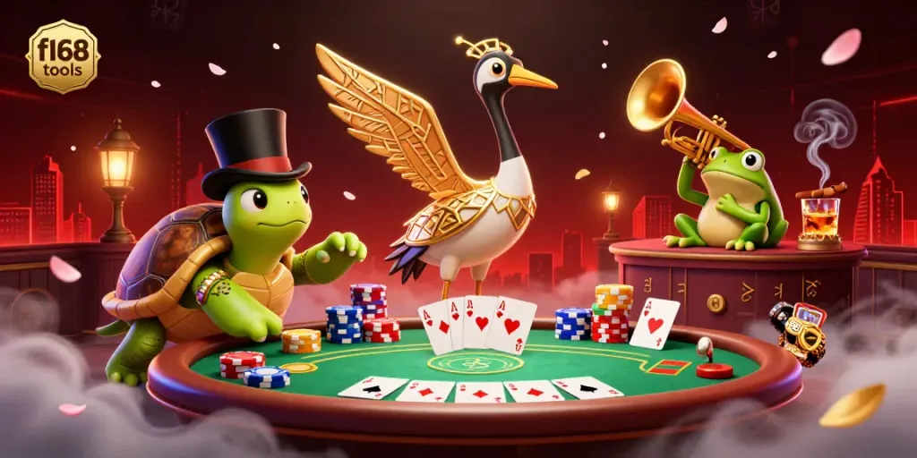 Play and win with f168 tools in a vibrant casino scene featuring iconic characters and poker elements.