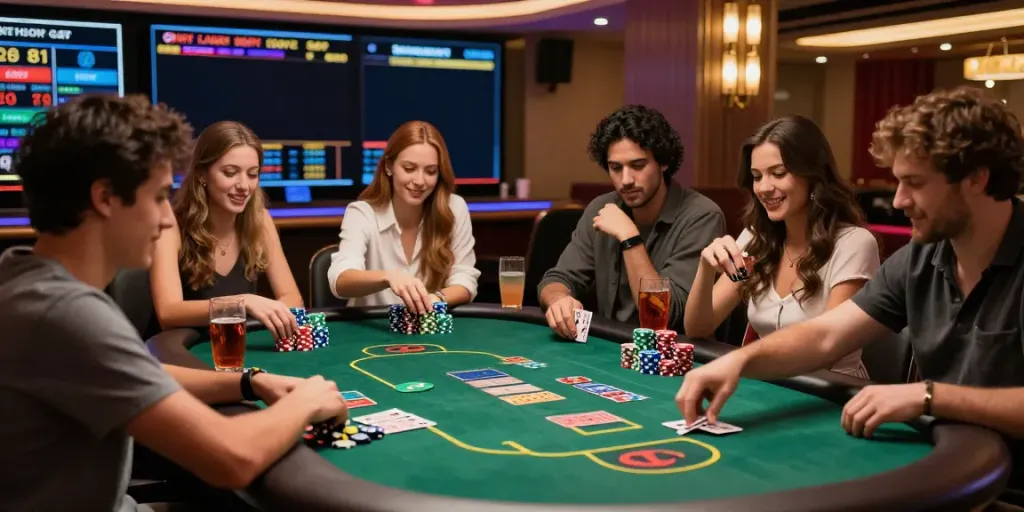 Engaged friends playing poker at a vibrant casino setting, reflecting the thrill of DU88 online gaming.
