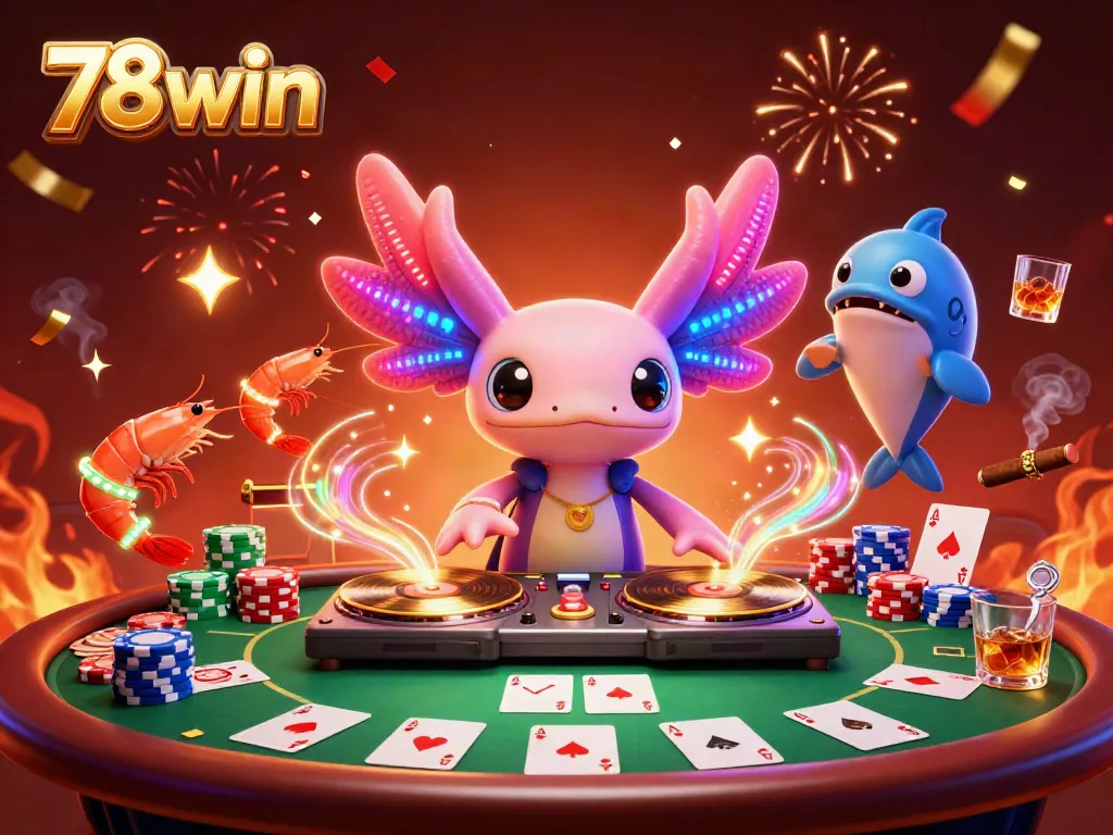 Dive into the vibrant world of 78win casino, featuring a neon axolotl DJ and lively sea creatures entertaining at poker tables.