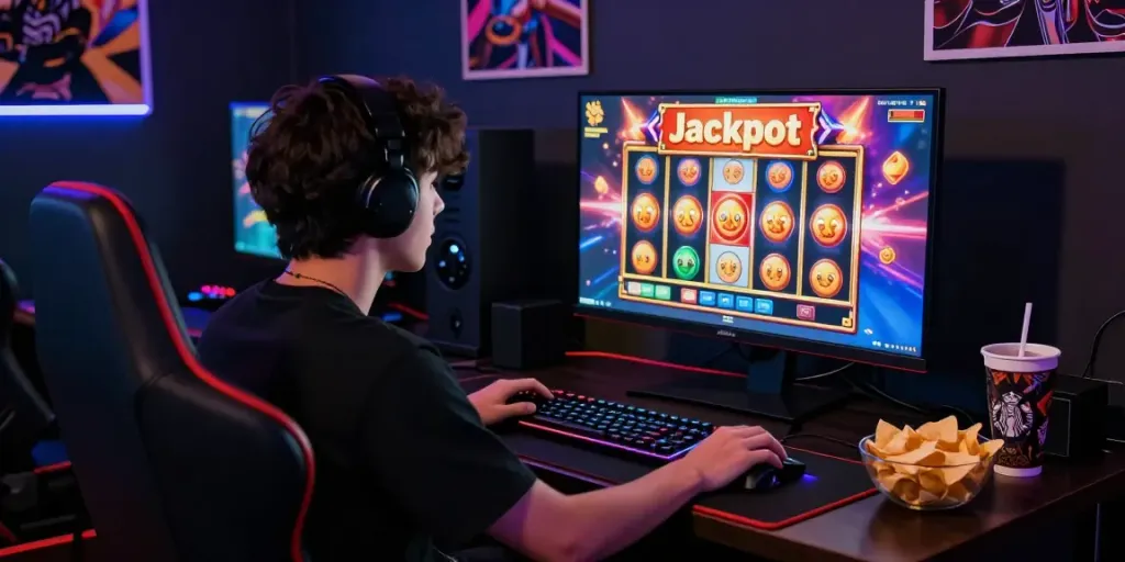 Pengguna bermain situs slot dengan fokus tinggi di lingkungan gaming yang dinamis dan penuh warna.