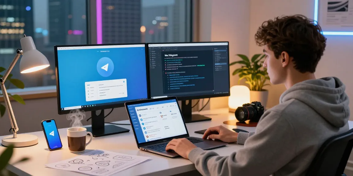 Telegram download on a developer's workspace with multiple screens showcasing the app's features and a modern setup.