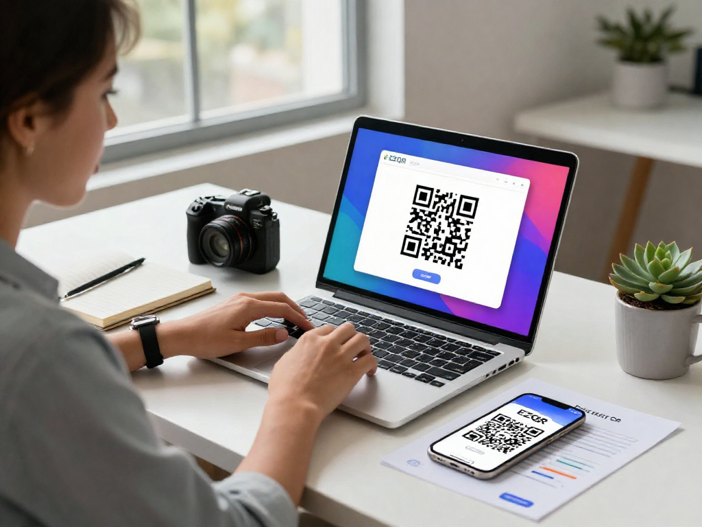 Create QR Code in an innovative digital workspace, showcasing a young professional using EZQR on a laptop amidst a bright, inviting office.