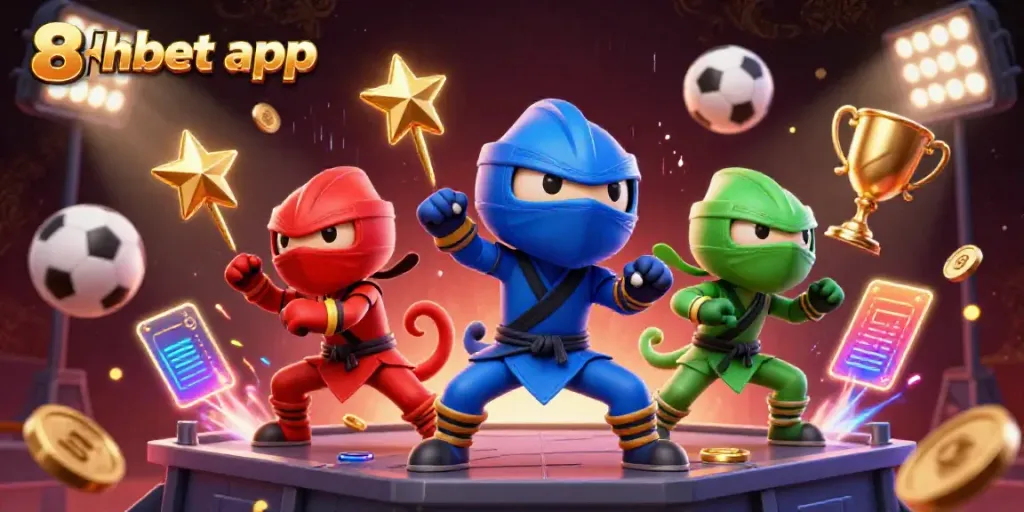 Engage with the exciting 8xbet app through this dynamic 3D illustration showcasing an animated chameleon team and sports elements.