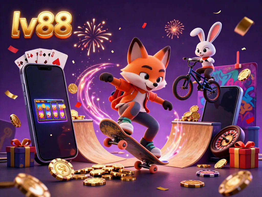 Experience thrilling gaming action at lv88 with a fox and rabbit showcasing excitement and rewards in a vibrant casino scene.