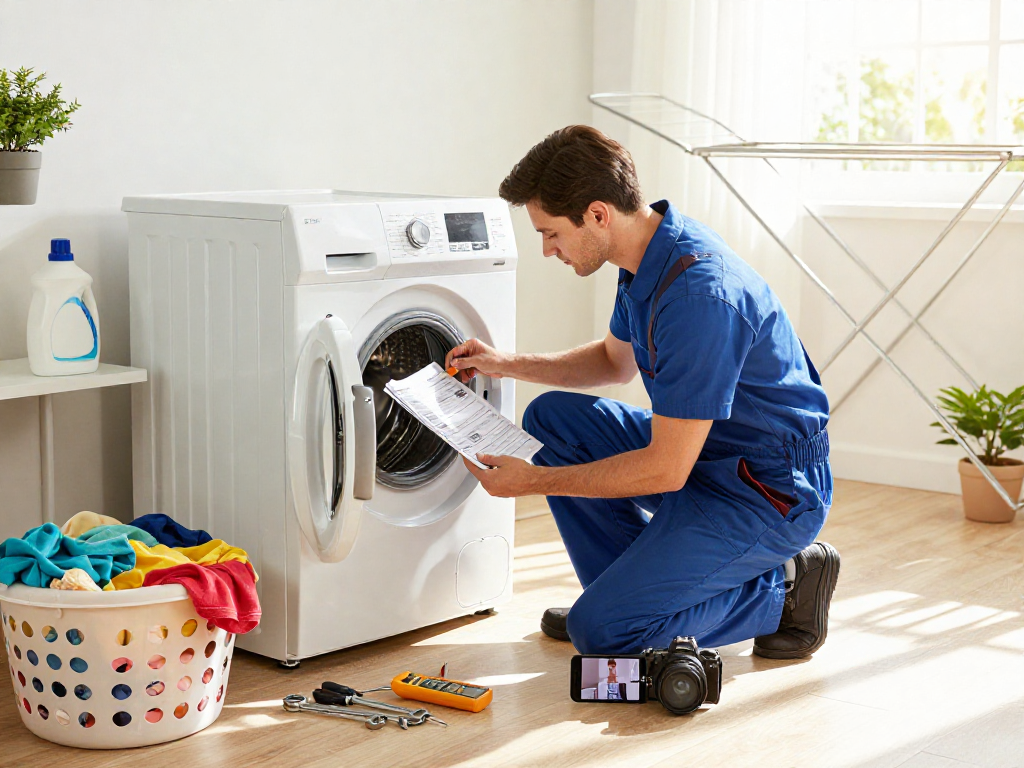 Washer Specialists repairing a washing machine in a modern laundry room with tools and colorful clothes.