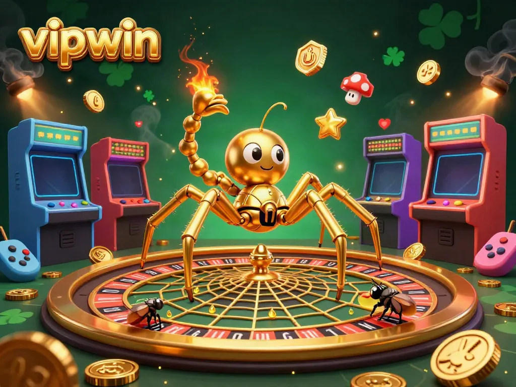 Experience thrilling bets at vipwin's vibrant casino world where golden webs and game machines collide.