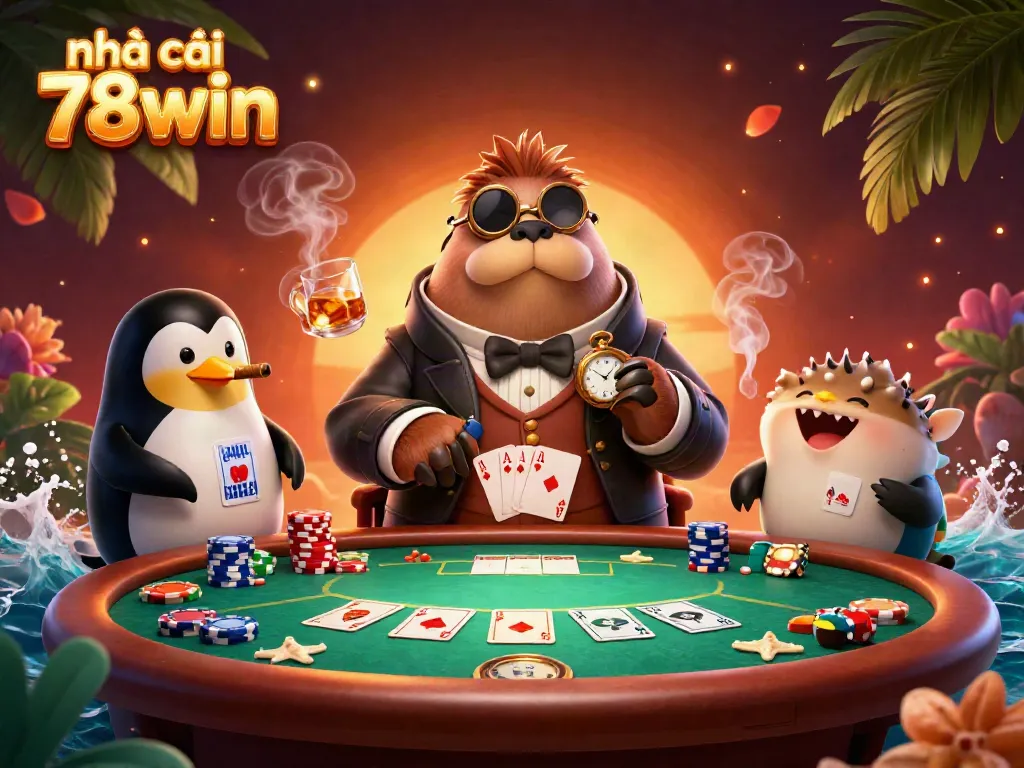 Engaging underwater poker scene featuring nhà cái 78win with a walrus player, penguin dealer, and bluffing pufferfish.