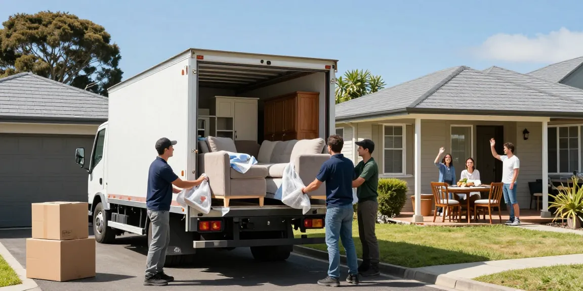 Experienced furniture movers Tauranga loading a truck with furniture on a sunny day, showcasing a friendly moving atmosphere.