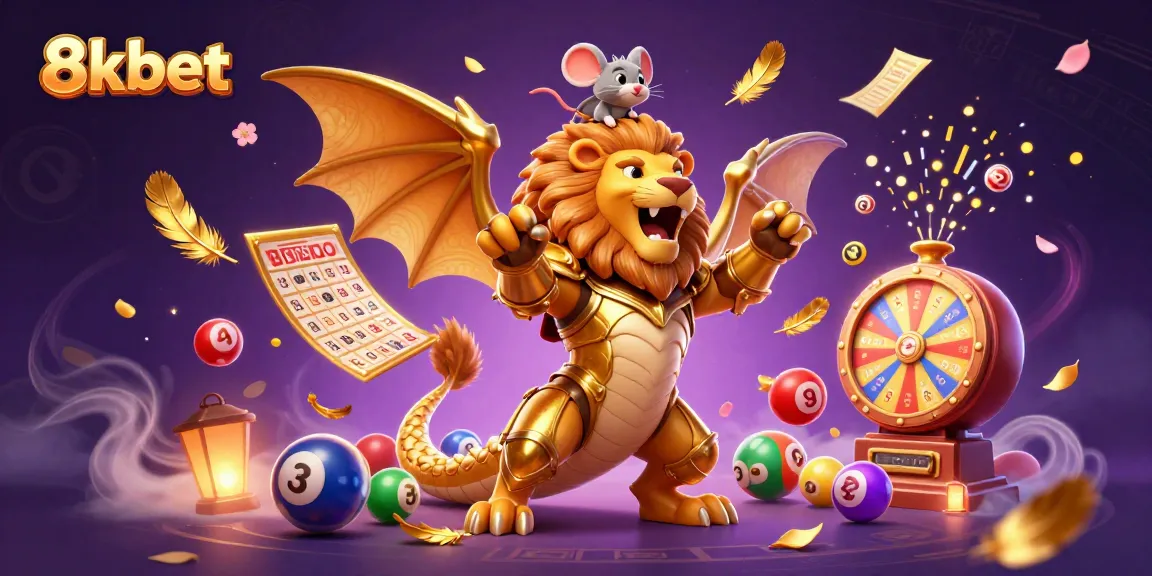 Join the excitement at 8xbet as the chimera roars, surrounded by dynamic lottery elements.