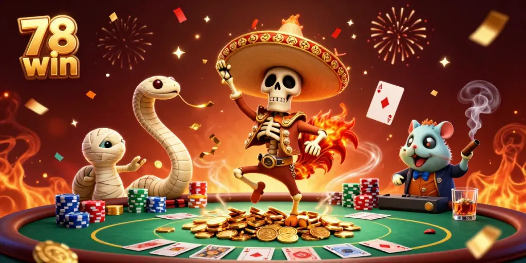 Experience the excitement of 78 win with a victorious mariachi rooster and colorful casino elements.