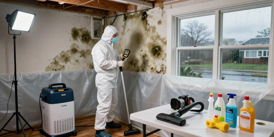 Mold Remediation Vancouver technician inspecting damp basement for mold with protective gear and HEPA equipment.