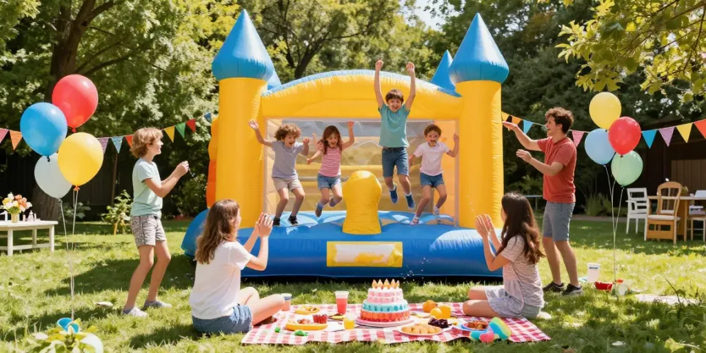 Kids playing in an inflatable castle, celebrating a birthday party with smiles and balloons