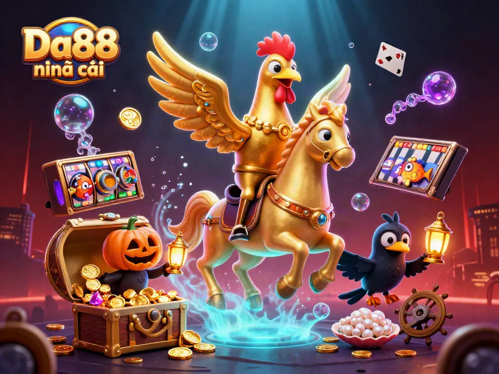 Experience thrilling games at Da88 nhà cái with a golden rooster riding through a vibrant casino scene.