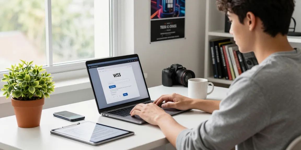 WPS Download interface displayed on a laptop in a vibrant home office.